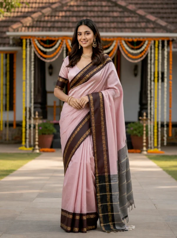 Fancy jacquard Narayanpet Pure Handloom Pink Cotton Saree With Maroon & Gold and Blouse Piece