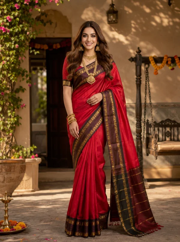 Fancy jacquard Narayanpet Pure Handloom Red Cotton Saree With Maroon & Gold and Blouse Piece
