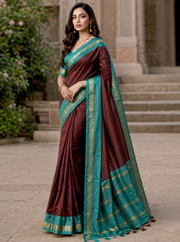 Fancy jacquard Narayanpet Pure Handloom Sky Cotton Saree With Maroon & Gold and Blouse Piece