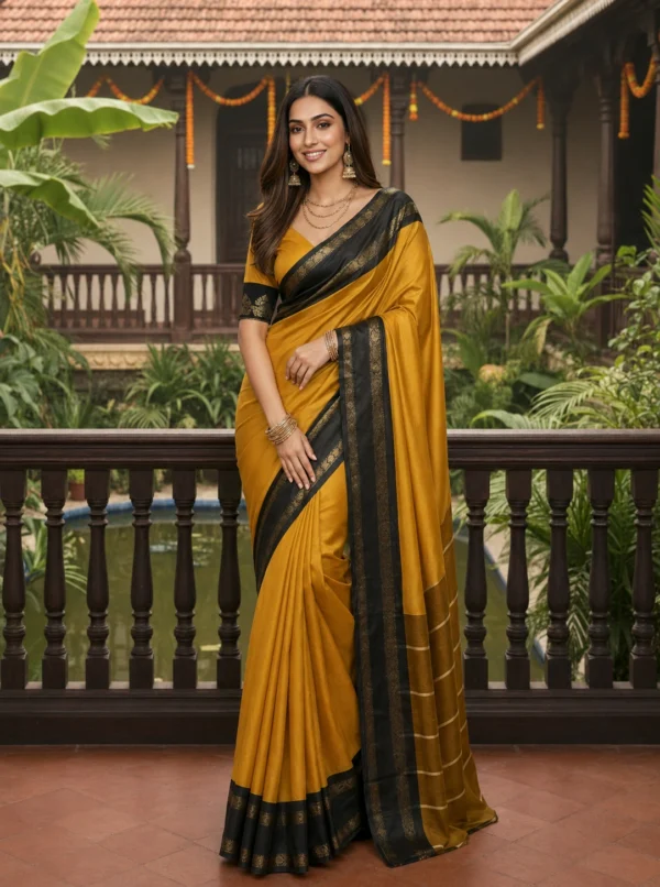 Fancy jacquard Narayanpet Pure Handloom Yellow Cotton Saree With Black & Gold and Blouse Piece