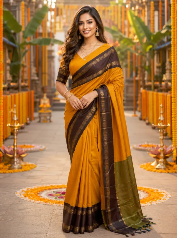 Fancy jacquard Narayanpet Pure Handloom Yellow Cotton Saree With Maroon & Gold and Blouse Piece