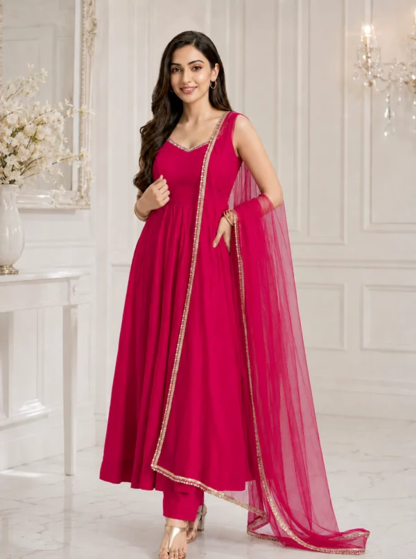 Women's Pink Chanderi Roman Silk Anarkali Kurta Pant Set with Elegant Lace Work Dupatta