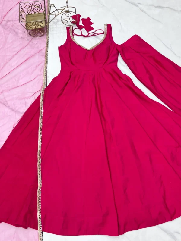Women's Pink Chanderi Roman Silk Anarkali Kurta Pant Set with Elegant Lace Work Dupatta