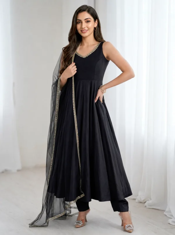 Women's Black Chanderi Roman Silk Anarkali Kurta Pant Set with Elegant Lace Work Dupatta