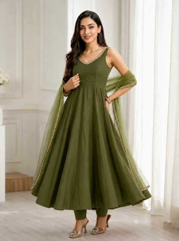 Women's Mahendi Chanderi Roman Silk Anarkali Kurta Pant Set with Elegant Lace Work Dupatta