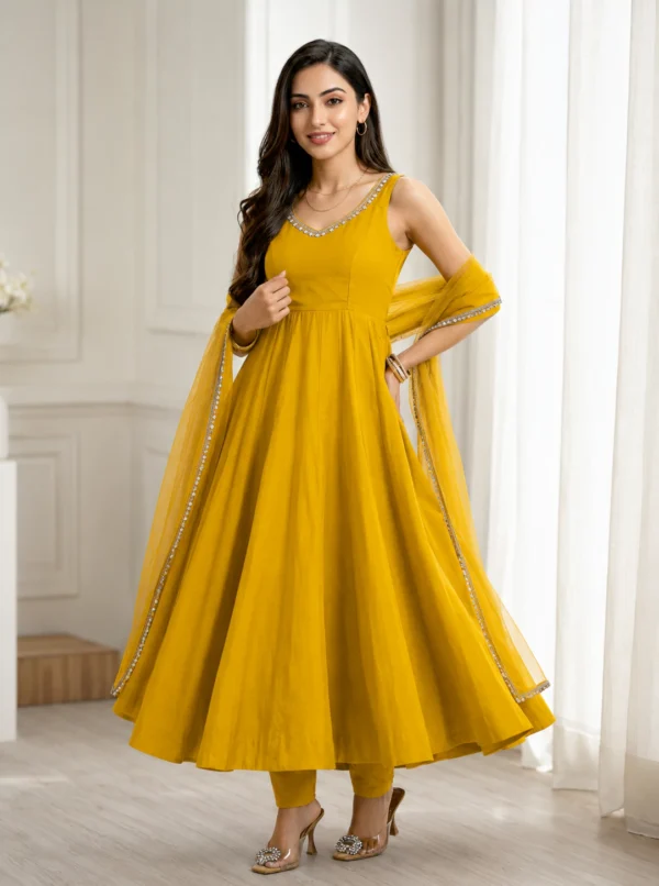 Women's Yellow Chanderi Roman Silk Anarkali Kurta Pant Set with Elegant Lace Work Dupatta