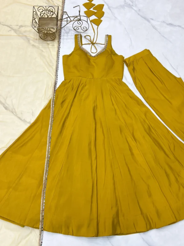 Women's Yellow Chanderi Roman Silk Anarkali Kurta Pant Set with Elegant Lace Work Dupatta