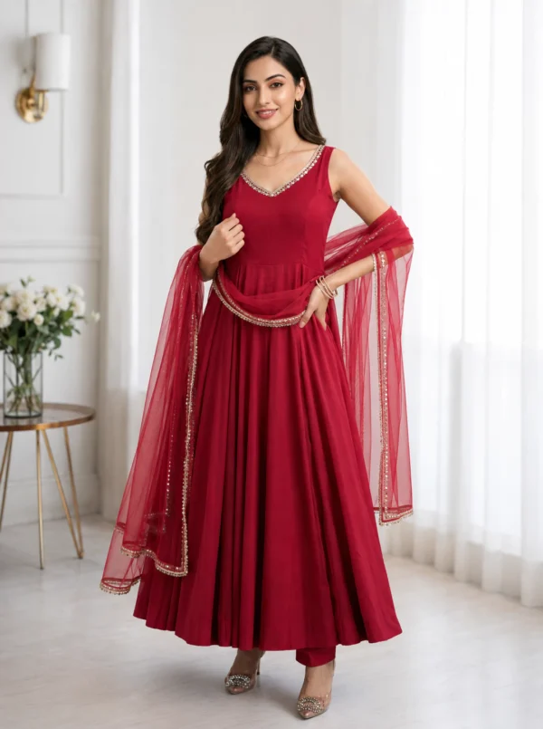 Women's Maroon Chanderi Roman Silk Anarkali Kurta Pant Set with Elegant Lace Work Dupatta
