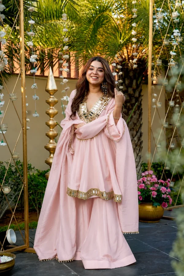 Elegant Light Pink Anarkali Sarara Suit with Mirror Work Yoke & Flowy Dupatta