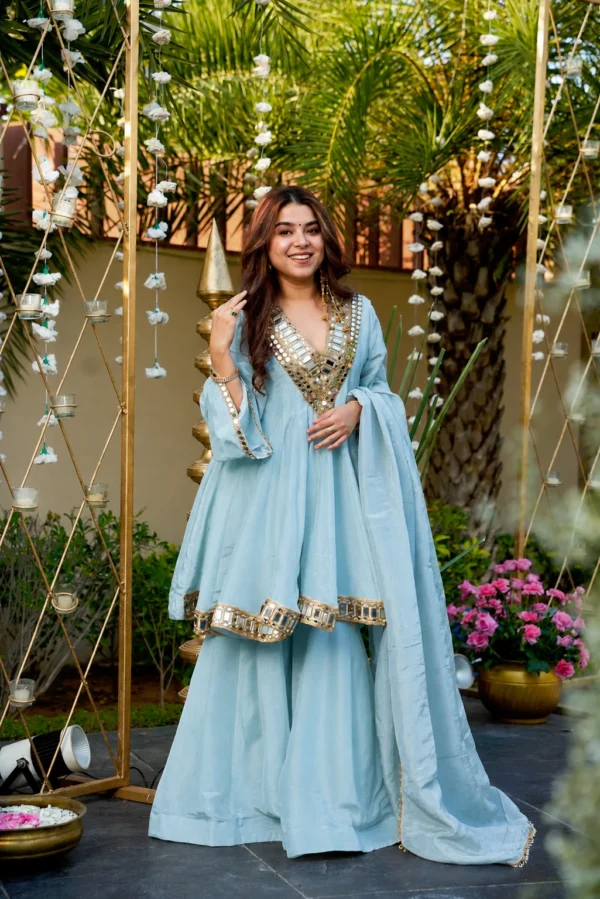 Elegant Light Sky Anarkali Sarara Suit with Mirror Work Yoke & Flowy Dupatta