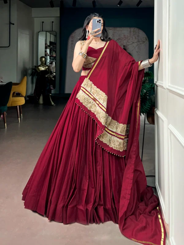 Rayon lehenga comes with an ornate blouse and dupatta featuring Sequins and Thread Embroidery & beautiful Ghughari Lace