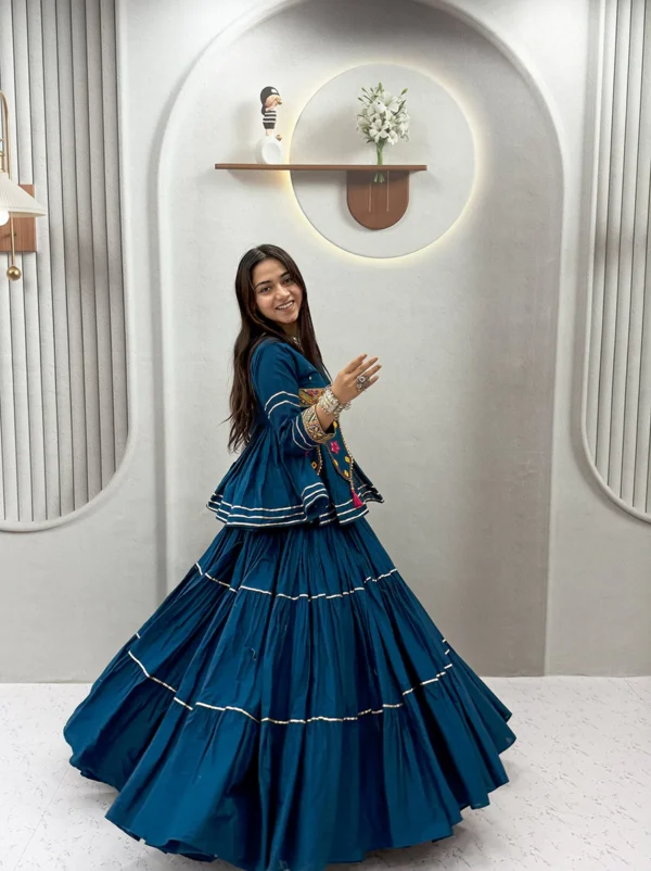 Navratri Special Rama Color Hand Work Lehenga Choli with Koti