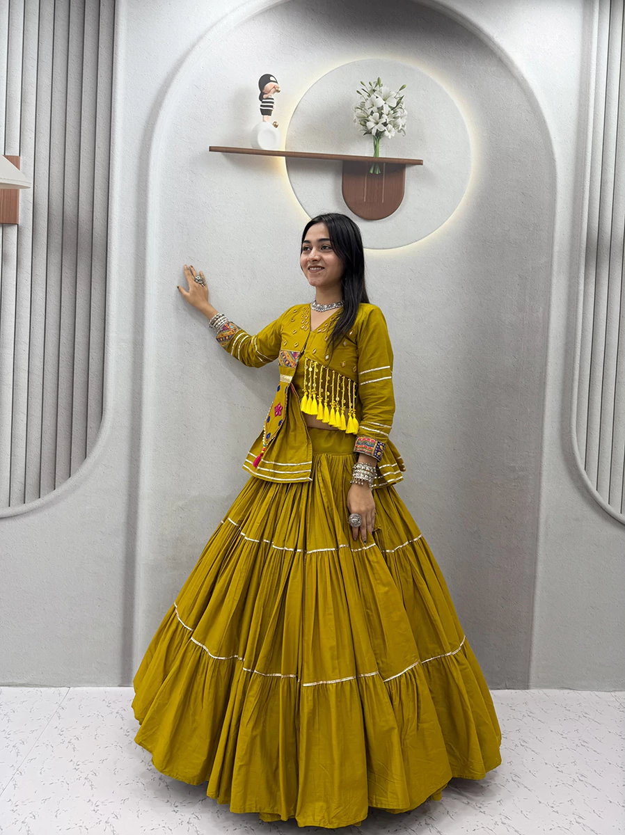 Navratri Special Yellow Color Hand Work Lehenga Choli with Koti