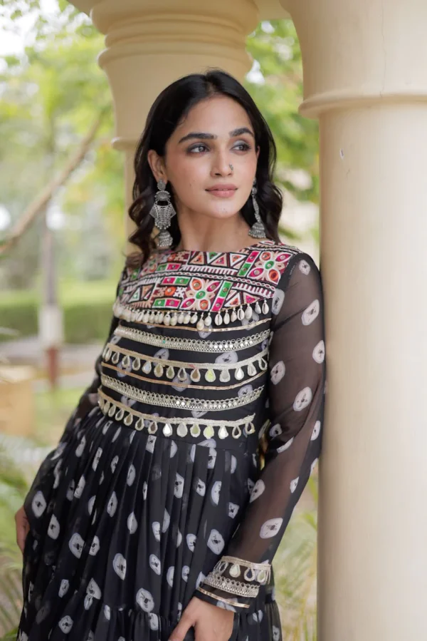 Black Colour Bandhani Print work with Kutchi Patchwork in Faux Georgette Gown