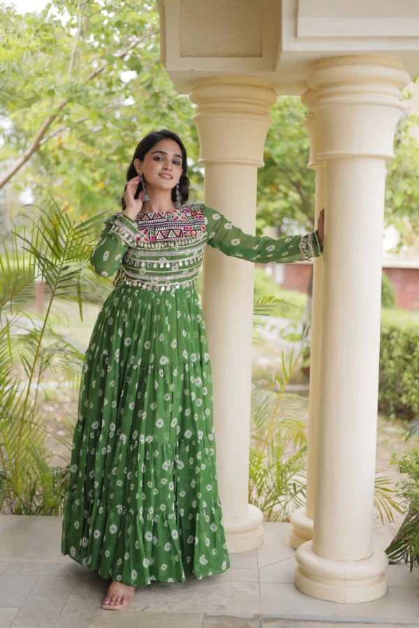 Green Colour Bandhani Print work with Kutchi Patchwork in Faux Georgette Gown