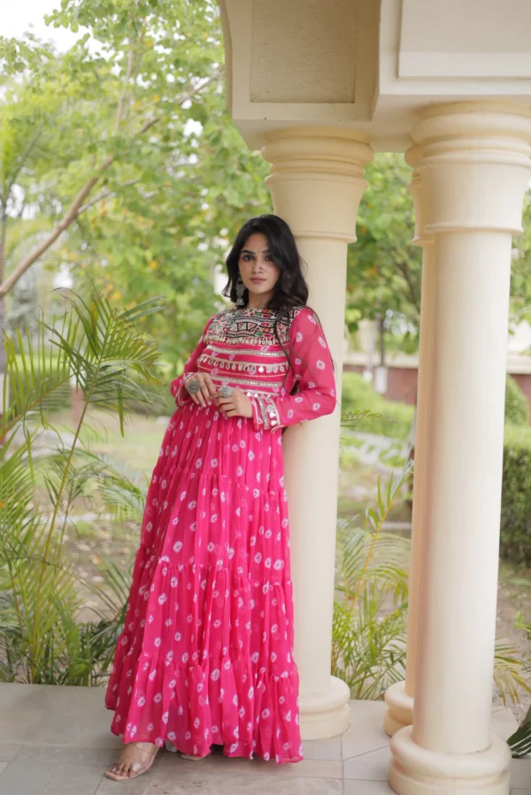 Pink Colour Bandhani Print work with Kutchi Patchwork in Faux Georgette Gown