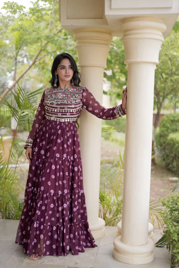 Wine Colour Bandhani Print work with Kutchi Patchwork in Faux Georgette Gown