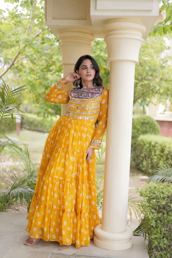 Yellow Colour Bandhani Print work with Kutchi Patchwork in Faux Georgette Gown