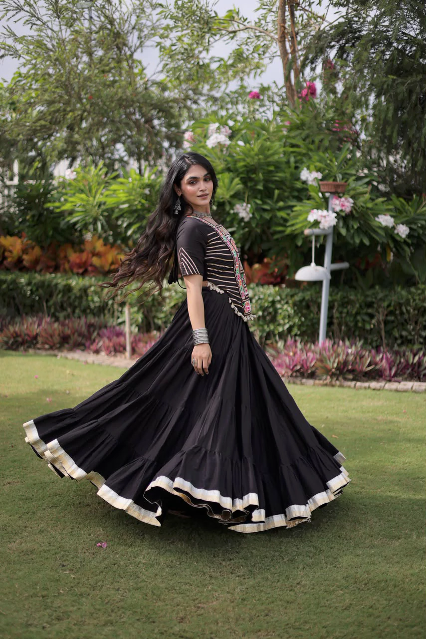 Black Lehenga with Blouse Kora Cotton with Standard Frill Stitching Kutchi Patchework - Image 3