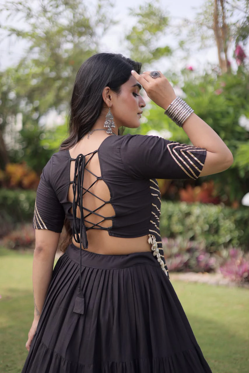 Black Lehenga with Blouse Kora Cotton with Standard Frill Stitching Kutchi Patchework - Image 2