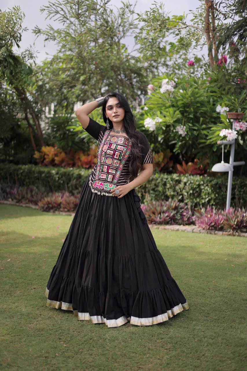 Black Lehenga with Blouse Kora Cotton with Standard Frill Stitching Kutchi Patchework