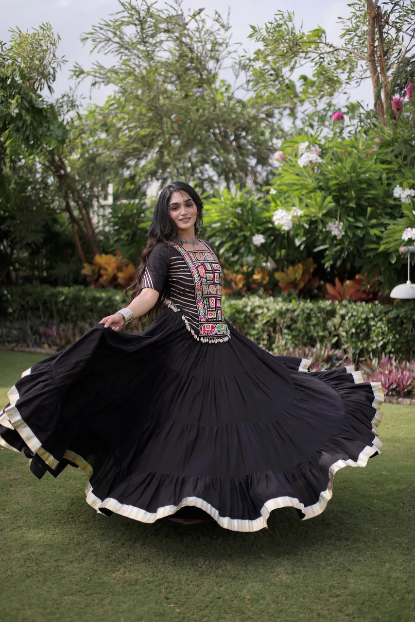 Black Lehenga with Blouse Kora Cotton with Standard Frill Stitching Kutchi Patchework - Image 5