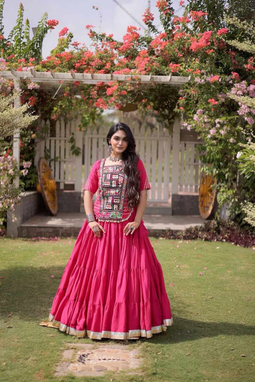 Pink Lehenga with Blouse Kora Cotton with Standard Frill Stitching Kutchi Patchework