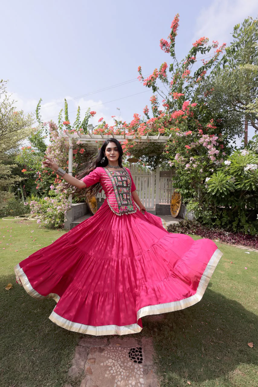 Pink Lehenga with Blouse Kora Cotton with Standard Frill Stitching Kutchi Patchework - Image 2