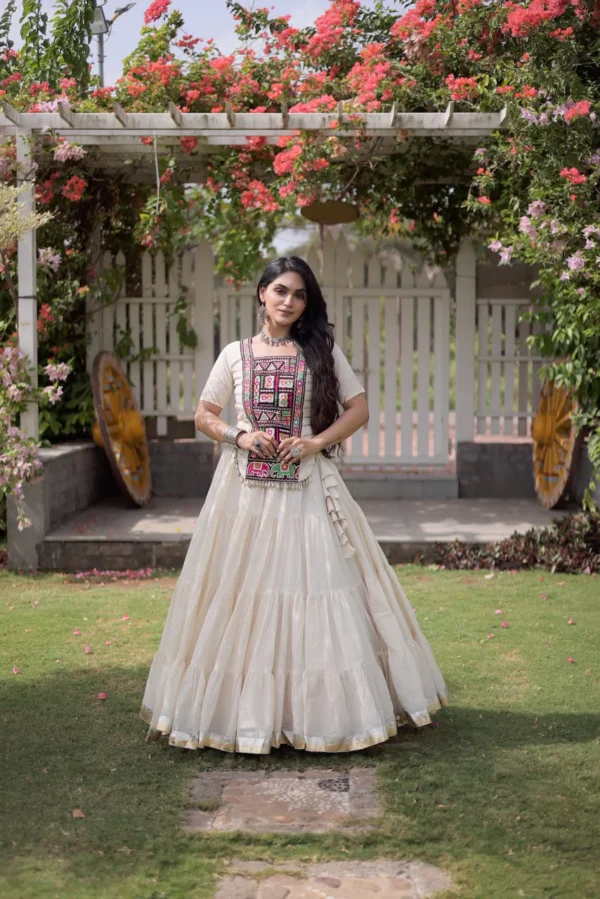 White Lehenga with Blouse Kora Cotton with Standard Frill Stitching Kutchi Patchework