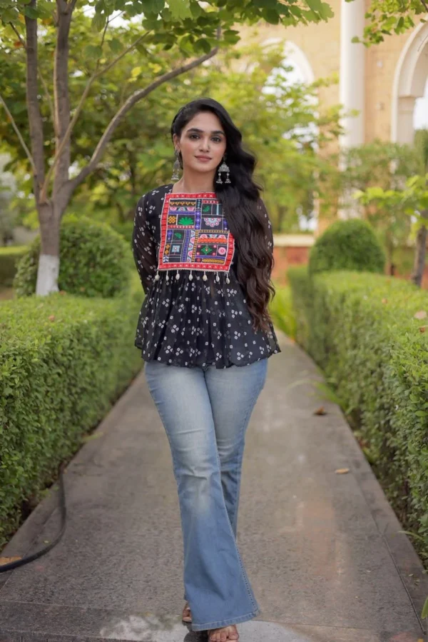 Black Top Bandhni Print work with Kutchi Gamthi Patchework Work in Faux Georgette