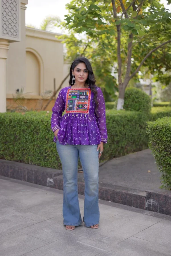 Purple Top Bandhni Print work with Kutchi Gamthi Patchework Work in Faux Georgette