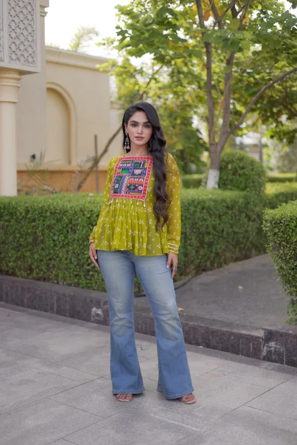 Yellow Top Bandhni Print work with Kutchi Gamthi Patchework Work in Faux Georgette