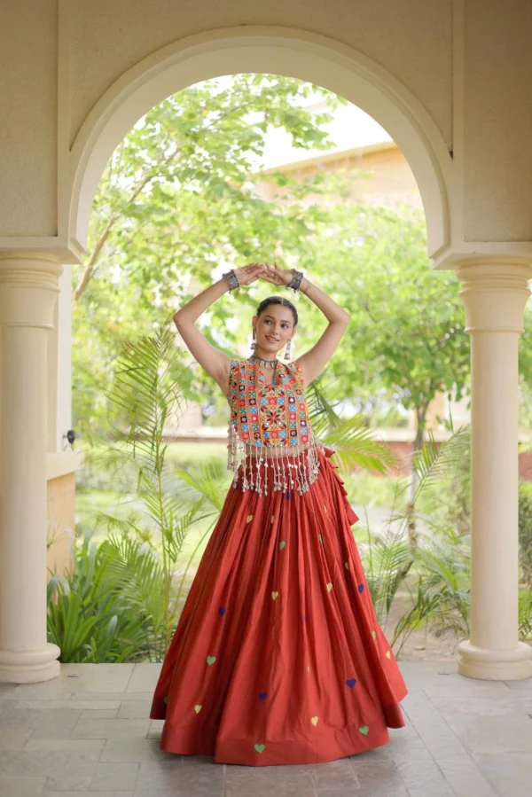 Rust Colour Lahenga with Blouce Cora Cotton With Attractive Heart thread Embroidery work
