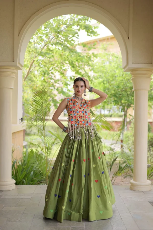 Parrot Colour Lahenga with Blouce Cora Cotton With Attractive Heart thread Embroidery work