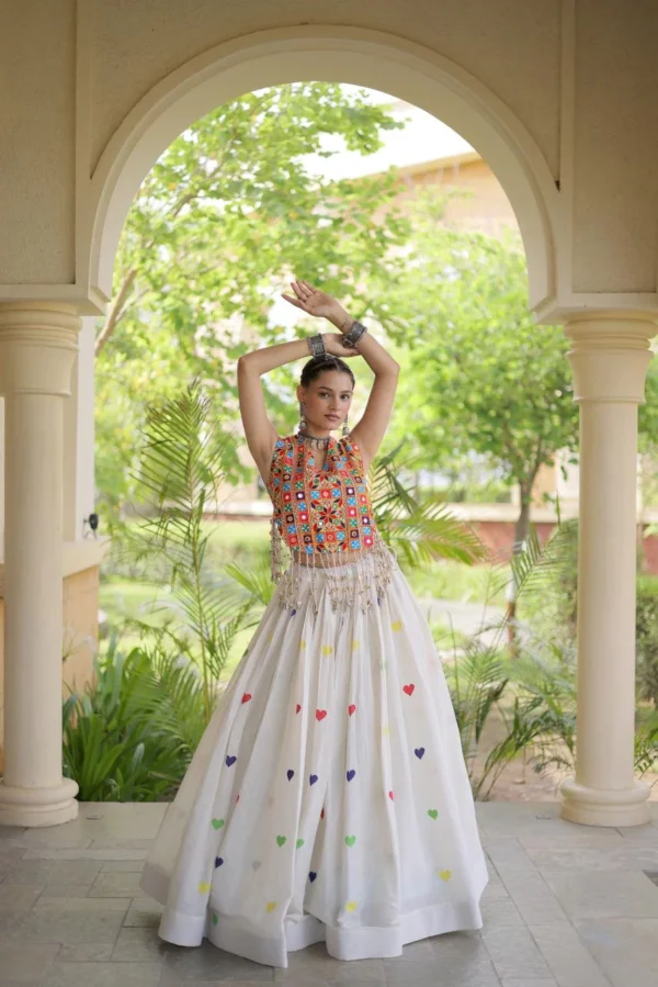 White Colour Lahenga with Blouce Cora Cotton With Attractive Heart thread Embroidery work