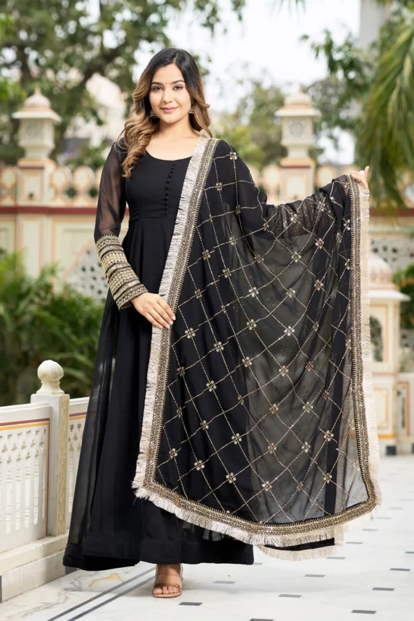 Black Faux Georgette Sequence Embroidery Work Full Flare Anarkali Suit