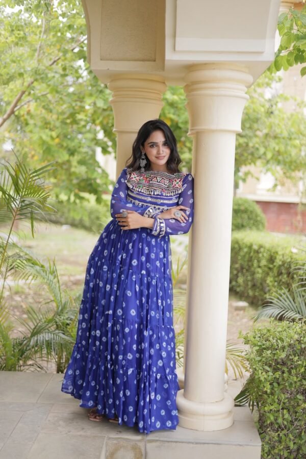 Blue Colour Bandhani Print work with Kutchi Patchwork in Faux Georgette Gown